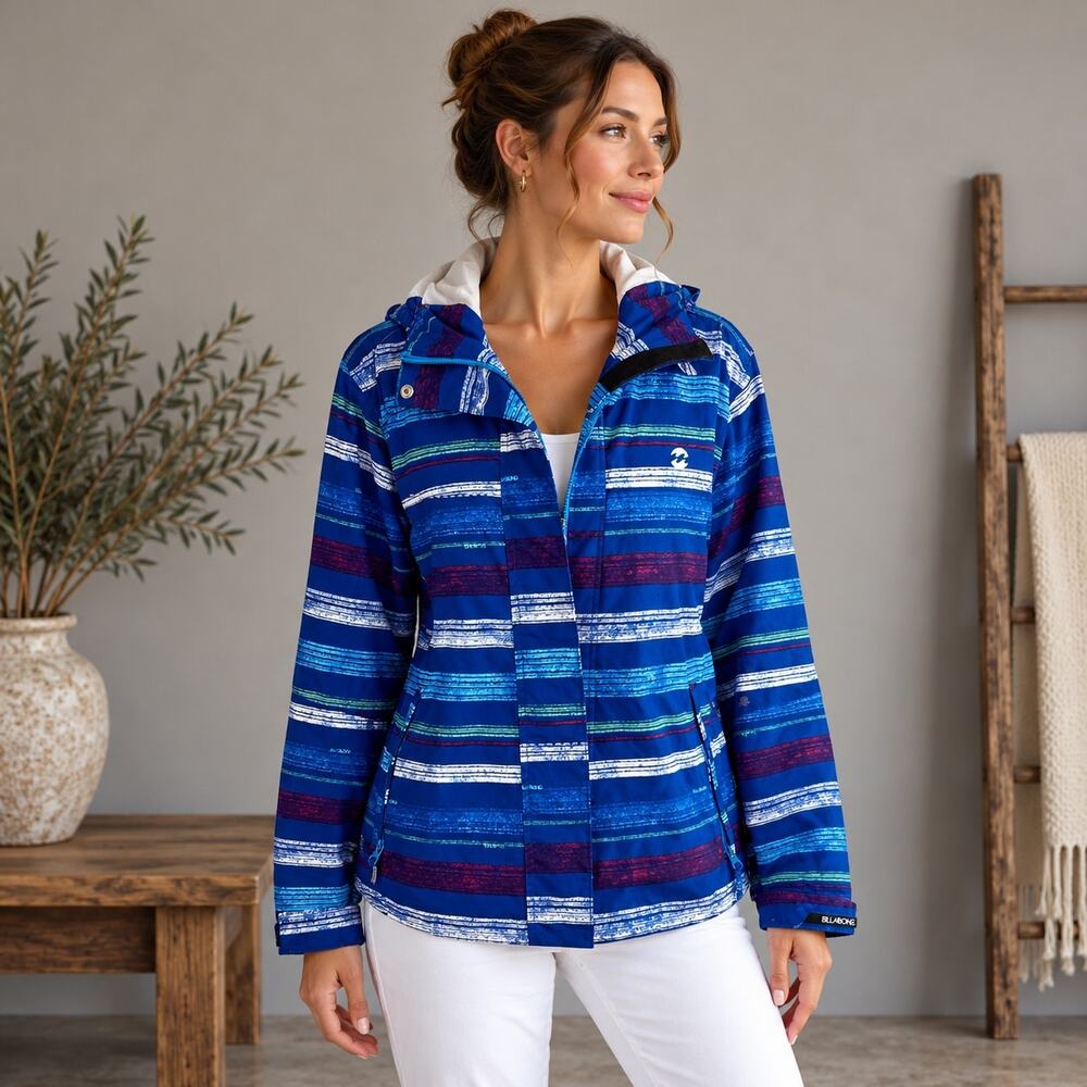 Billabong Blue Stripe Hooded Ski Snow Jacket Medium